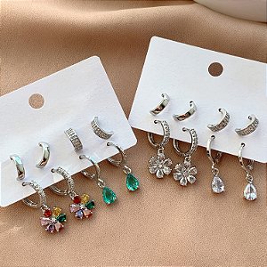 BRINCO KIT ARGOLINHAS FLOR E GOTA ZIRCÔNIAS AMANDA PRATEADO BIJU
