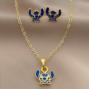 COLAR E BRINCO KIT INFANTIL STITCH FOLHEADO A OURO 18K⭐