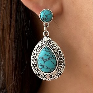 BRINCO GOTA DESENHADA PEDRA TURQUESA BIJU
