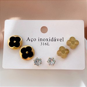 BRINCO KIT TREVOS E ZIRCÔNIAS DOURADO AÇO 316L⭐️