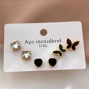 BRINCO KIT BORBOLETA E CORAÇÃO PEDRA QUADRADA DOURADO AÇO 316L⭐️