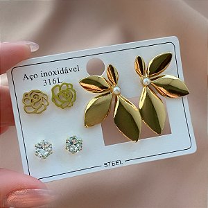 BRINCO KIT FLORES ZIRCÔNIAS DOURADO AÇO 316L⭐️