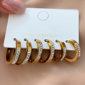 BRINCO KIT ARGOLINHAS BORDAS RETAS FILEIRAS ZIRCÔNIAS DOURADO AÇO 316L⭐️