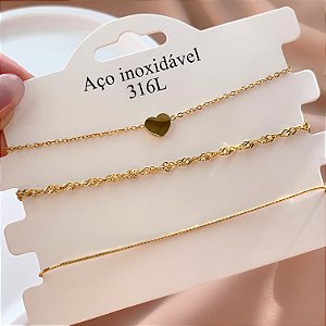 PULSEIRA KIT CORAÇÃO E CORRENTES DELICADAS DOURADO AÇO 316L⭐️