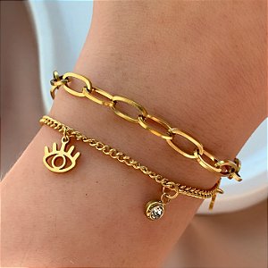 PULSEIRA CORRENTE DUPLA OLHOS E ZIRCÔNIAS DOURADO AÇO 316L⭐️
