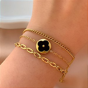 PULSEIRA KIT TREVO RESINADO E CORRENTES DELICADAS DOURADO AÇO 316L⭐️