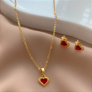 COLAR E BRINCO KIT INFANTIL CORAÇÃO FOLHEADO A OURO 18K⭐