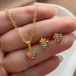 COLAR E BRINCO KIT INFANTIL FLORES FOLHEADO A OURO 18K⭐