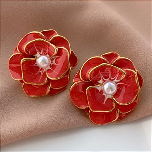 BRINCO FLOR ROSA MESCLADA ESMALTADA G1 DOURADO AÇO 316L PREMIUM⭐️