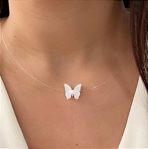 COLAR FIO DE NYLON BORBOLETA FOLHEADO A PRATA