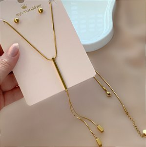 COLAR E BRINCO KIT CORRENTE GRAVATINHA LONGA DOURADO AÇO 316L PREMIUM⭐️