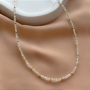 COLAR MINI CRISTAIS E BOLINHAS DOURADO AÇO 316L PREMIUM⭐️