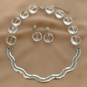 COLAR E BRINCO KIT FIO ONDULADO PEDRAS CRISTAIS BIJU