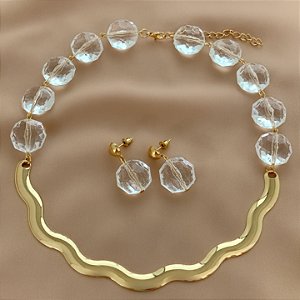 COLAR E BRINCO KIT FIO ONDULADO PEDRAS CRISTAIS BIJU