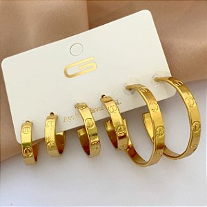 BRINCO KIT ARGOLAS DESENHADAS DOURADO AÇO 316L⭐️