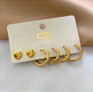 BRINCO KIT CORAÇÃO LISO E ARGOLINHAS DOURADO AÇO 316L⭐️