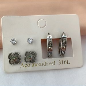 BRINCO KIT ARGOLA DESENHADA, TREVO E ZIRCÔNIAS AÇO 316L⭐️