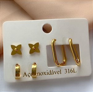 BRINCO KIT ARGOLA OVAL E TREVO DOURADO AÇO 316L⭐️