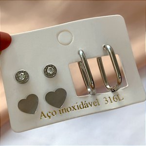 BRINCO KIT ARGOLA OVAL, CORAÇÃO E ZIRCÔNIA AÇO 316L⭐️