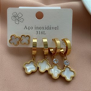 BRINCO KIT ARGOLINHAS E TREVOS RESINADO DOURADO AÇO 316L⭐️