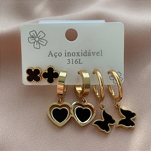BRINCO KIT ARGOLINHAS TREVO, CORAÇÃO E BORBOLETA RESINADO DOURADO AÇO 316L⭐️