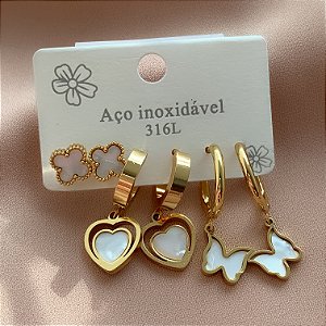 BRINCO KIT ARGOLINHAS TREVO, CORAÇÃO E BORBOLETA RESINADO DOURADO AÇO 316L⭐️