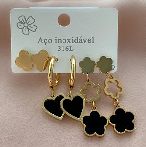 BRINCO KIT ARGOLINHAS TREVO VAZADO E CORAÇÃO RESINADO DOURADO AÇO 316L⭐️