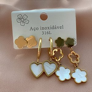 BRINCO KIT ARGOLINHAS TREVO VAZADO E CORAÇÃO RESINADO DOURADO AÇO 316L⭐️