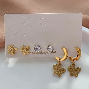 BRINCO KIT ARGOLA BORBOLETAS ZIRCÔNIAS DOURADO AÇO 316L⭐️
