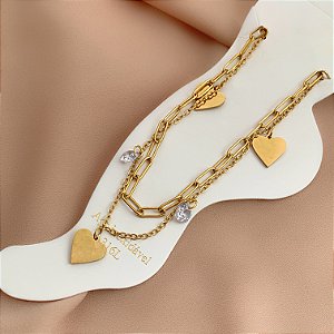 TORNOZELEIRA DUPLA PINGENTE CORAÇÃO E ZIRCÔNIAS DOURADO AÇO 316L⭐️