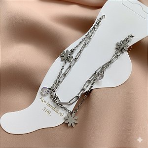 TORNOZELEIRA DUPLA PINGENTE FLOR E ZIRCÔNIAS AÇO 316L⭐️