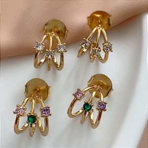 BRINCO TRÊS FIOS FINOS PEDRAS ZIRCÔNIAS DOURADO BIJU