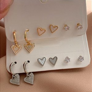 BRINCO KIT ARGOLINHAS CORAÇÕES ZIRCÔNIAS LAÍS BIJU