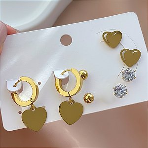 BRINCO KIT CORAÇÕES, BOLINHA E ZIRCÔNIA DOURADO AÇO 316L⭐️