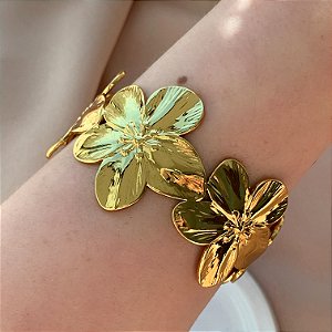 BRACELETE GROSSO FLORES DOURADO AÇO 316L⭐️