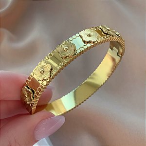 PULSEIRA / BRACELETE FLORZINHAS RISCADAS DOURADO AÇO 316L⭐️