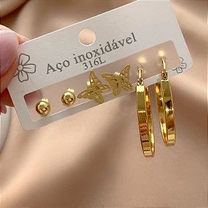 BRINCO KIT ARGOLA, BORBOLETA E BOLINHA DOURADO AÇO 316L⭐️