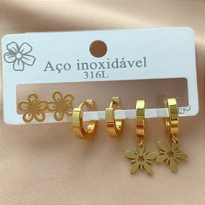 BRINCO KIT ARGOLINHAS FLORZINHAS DOURADO AÇO 316L⭐️