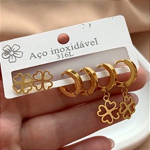 BRINCO KIT ARGOLINHAS TREVINHOS VAZADOS DOURADO AÇO 316L⭐️