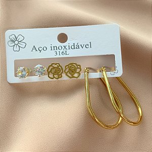 BRINCO KIT ARGOLA ALONGADA, FLOR E ZIRCÔNIA DOURADO AÇO 316L⭐️