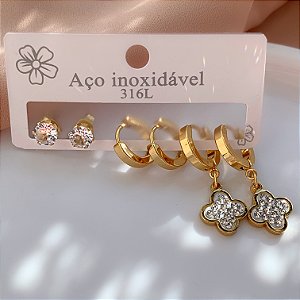 BRINCO KIT ARGOLINHAS GROSSAS PINGENTE TREVO ZIRCÔNIAS DOURADO AÇO 316L⭐️