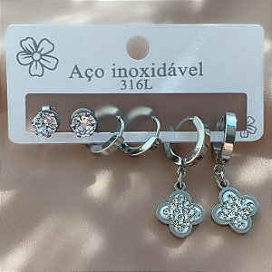 BRINCO KIT ARGOLINHAS GROSSAS PINGENTE TREVO ZIRCÔNIAS AÇO 316L⭐️