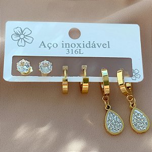 BRINCO KIT ARGOLINHAS GROSSAS PINGENTE GOTA ZIRCÔNIAS DOURADO AÇO 316L⭐️