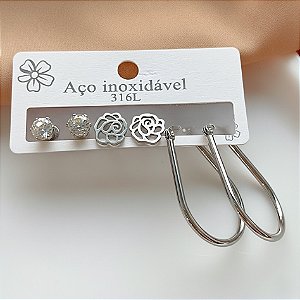 BRINCO KIT ARGOLA ALONGADA, FLOR E ZIRCÔNIA AÇO 316L⭐️