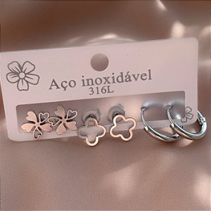 BRINCO KIT ARGOLINHA, TREVO VAZADO E FLOR AÇO 316L⭐️
