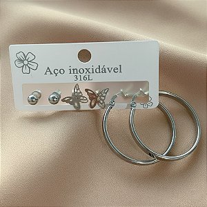 BRINCO KIT ARGOLA CLÁSSICA, BORBOLETA E BOLINHA AÇO 316L⭐️