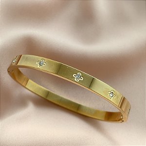 PULSEIRA / BRACELETE MINI TREVOS BOTÃO ZIRCÔNIA DOURADO AÇO 316L⭐️