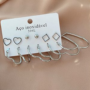 BRINCO KIT ARGOLA CORAÇÃO, CORAÇÃO VAZADO E QUADRADO AÇO 316L⭐️
