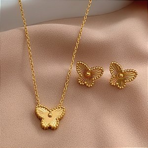 COLAR E BRINCO KIT BORBOLETA TEXTURIZADA DOURADO AÇO 316L⭐️