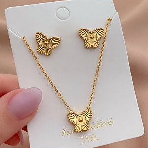 COLAR E BRINCO KIT BORBOLETA TEXTURIZADA DOURADO AÇO 316L⭐️